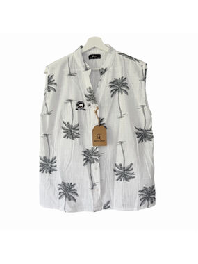 Blanc du Nil New Cotton White Black Palm Tree Sleeveless Button Front Shirt